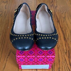 Tory Burch Size 9 Holden Black and Gold Studded Women's Flats